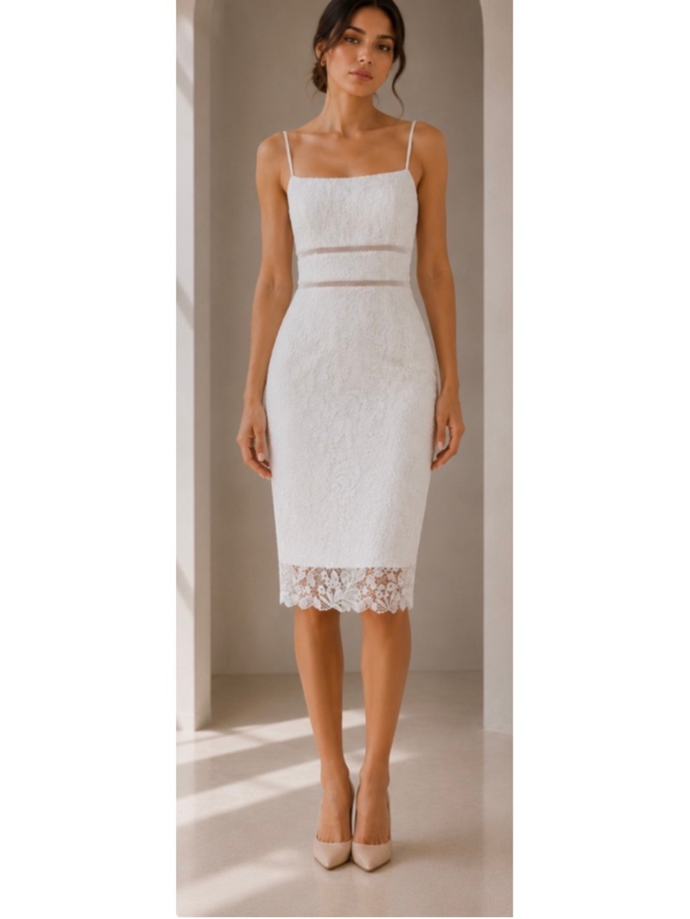 ML Monique Lhuillier White Lace Midi Dress Size 14 Fairy Core Classic Floral New